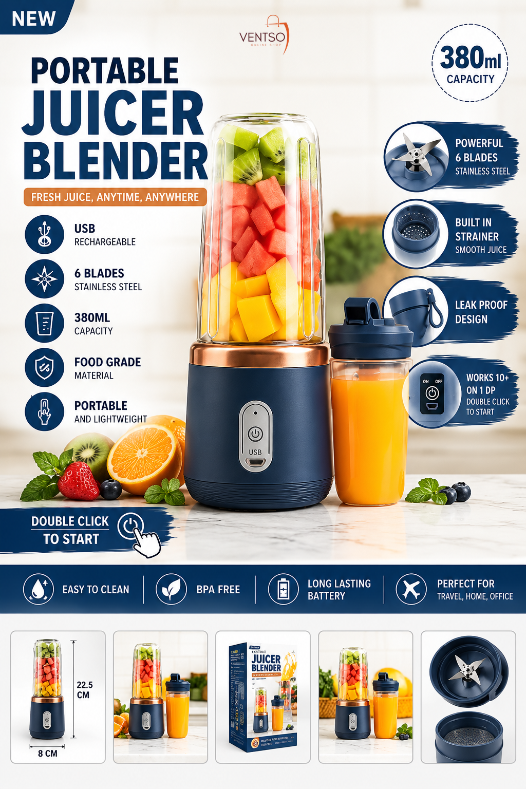 Portable Juicer Blender – USB Rechargeable Mini Blender